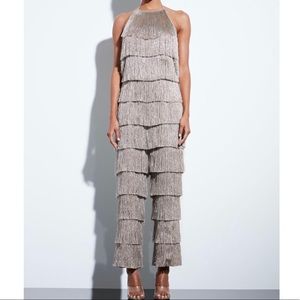 gold metallic fringe strappy high neck jumpsuit
